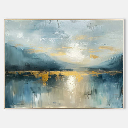 Serene Blue Landscape Oil Painting with Glimmering Gold Accents for Modern Decor