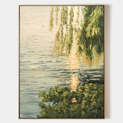 Tranquil Watercolor Landscape Oil Painting with Reflections and Greenery