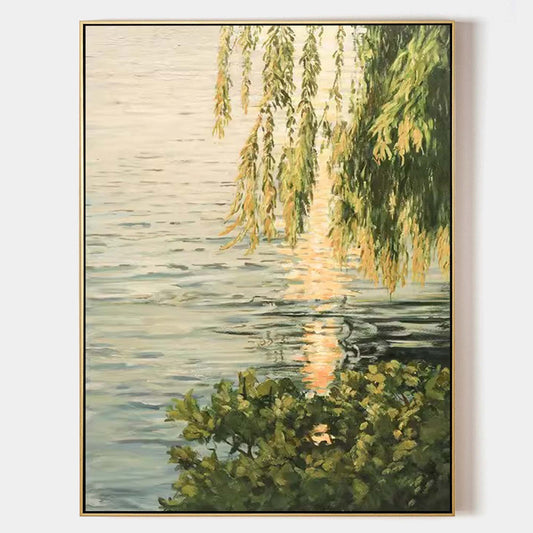 Tranquil Watercolor Landscape Oil Painting with Reflections and Greenery