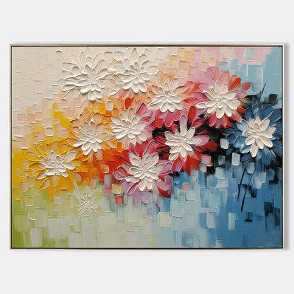 Vibrant Floral Oil Painting with Textured Blossoms for Colorful Home Decor
