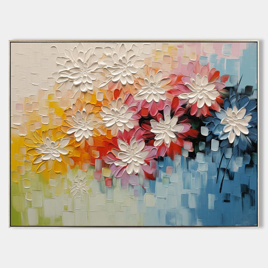 Vibrant Floral Oil Painting with Textured Blossoms for Colorful Home Decor