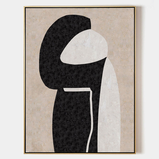 Modern Beige and Black Minimalist Abstract Oil Painting for Contemporary Decor