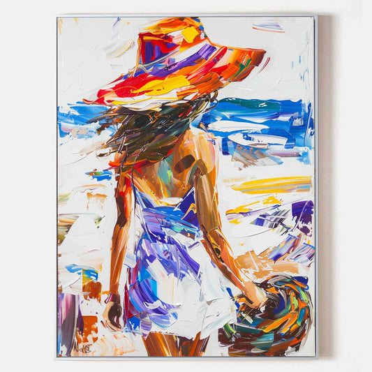 Vibrant Beach Escape: Modern Abstract Oil Painting of a Woman in a Sun Hat