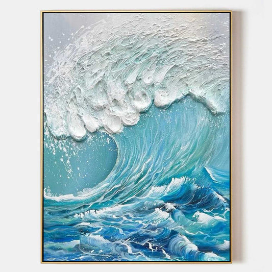 Dynamic Ocean Wave Oil Painting with Textured Plaster Finish