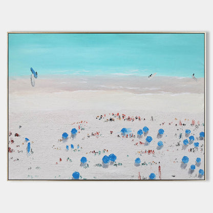 Vibrant Beach Scene Oil Painting with Colorful Umbrellas and Soft Sky