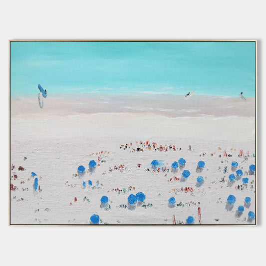Vibrant Beach Scene Oil Painting with Colorful Umbrellas and Soft Sky
