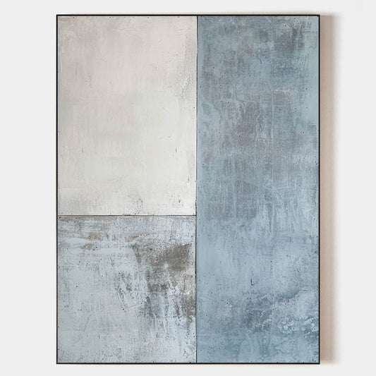 Stylish Modern Abstract Oil Painting with Textured Blue and White Panels