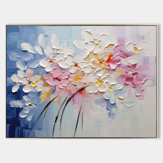 Vibrant Floral Oil Painting with Pastel Blooms and Artistic Textures