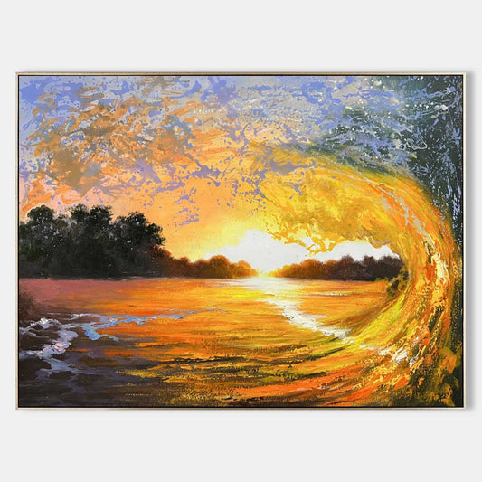 Vibrant Sunset Wave Oil Painting - Hyperrealistic Seascape Art for Home Decor