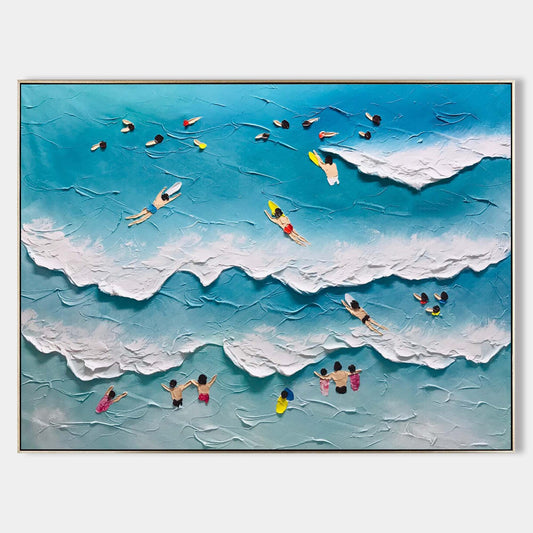 Beach Day Bliss: Vibrant Oil Painting of Surfers and Waves