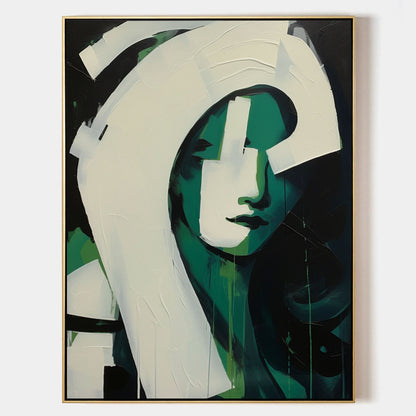 Modern Abstract Oil Painting of a Green-Hued Face in Minimalist Style