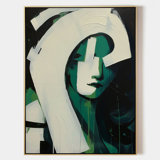 Modern Abstract Oil Painting of a Green-Hued Face in Minimalist Style