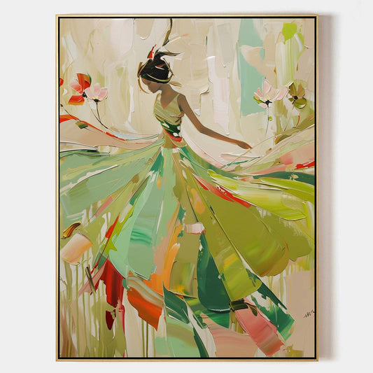 Vibrant Green Abstract Lady in Flowing Dress Oil Painting for Modern Decor