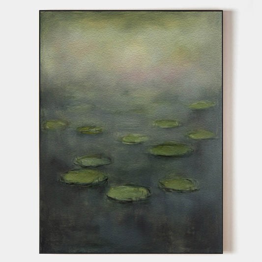 Mystical Green Lily Pads: Modern Abstract Oil Painting for Tranquil Spaces