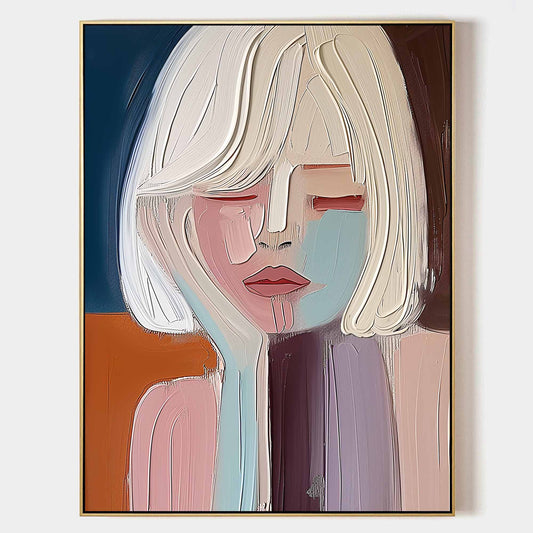 Contemporary Abstract Oil Painting of a Thoughtful Woman in Soft Colors