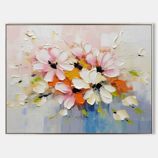 Vibrant Floral Oil Painting with Pink and White Flowers Perfect for Home Decor