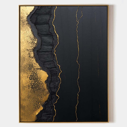 Elegant Black and Gold Minimalist Abstract Oil Painting for Modern Decor