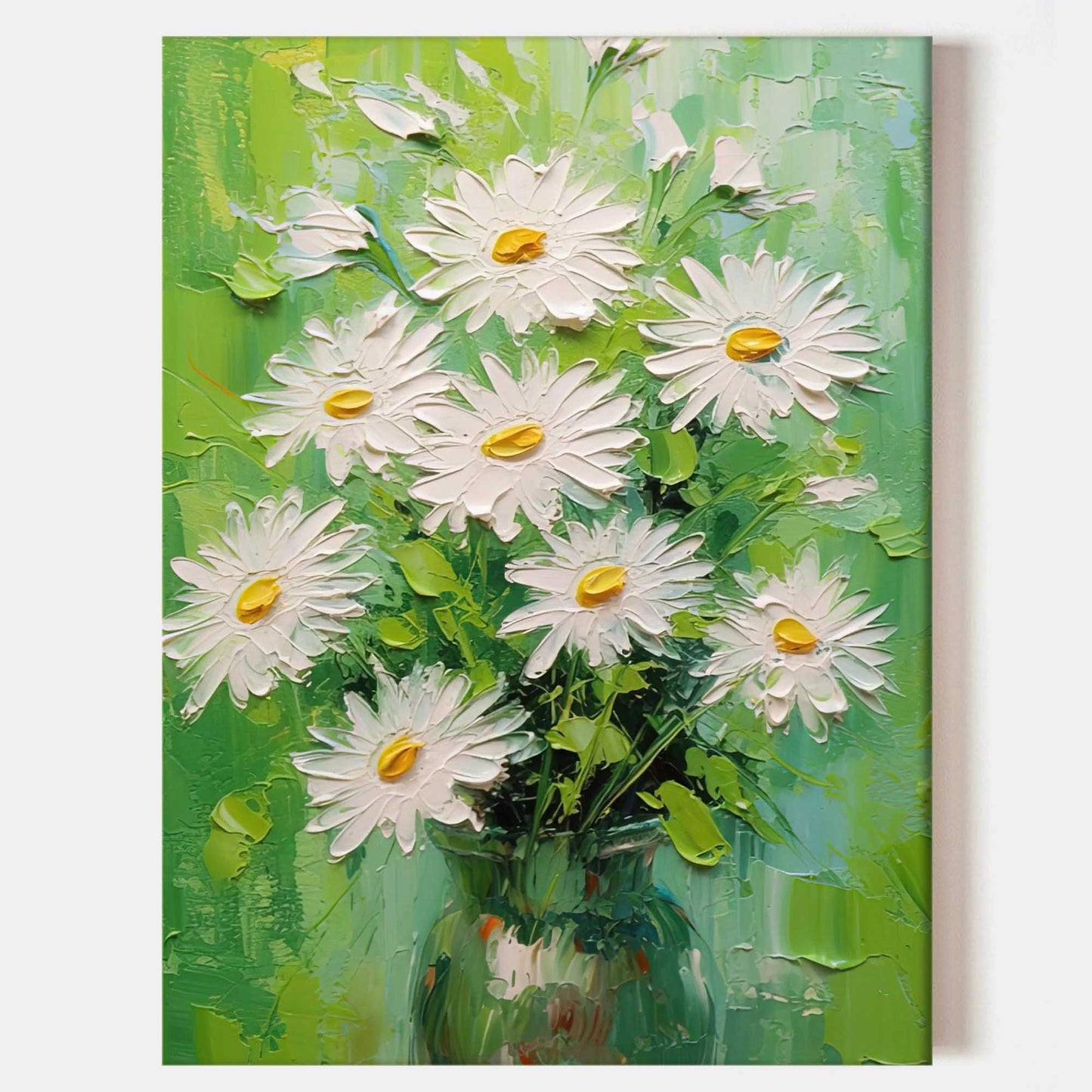 Vibrant Daisy Bouquet Oil Painting in Green and White for Bright Home Decor