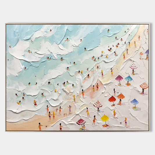 Colorful Beach Scene Oil Painting with Textured Waves and Vibrant Umbrellas