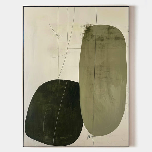Contemporary Minimalist Oil Painting with Abstract Shapes and Earthy Tones