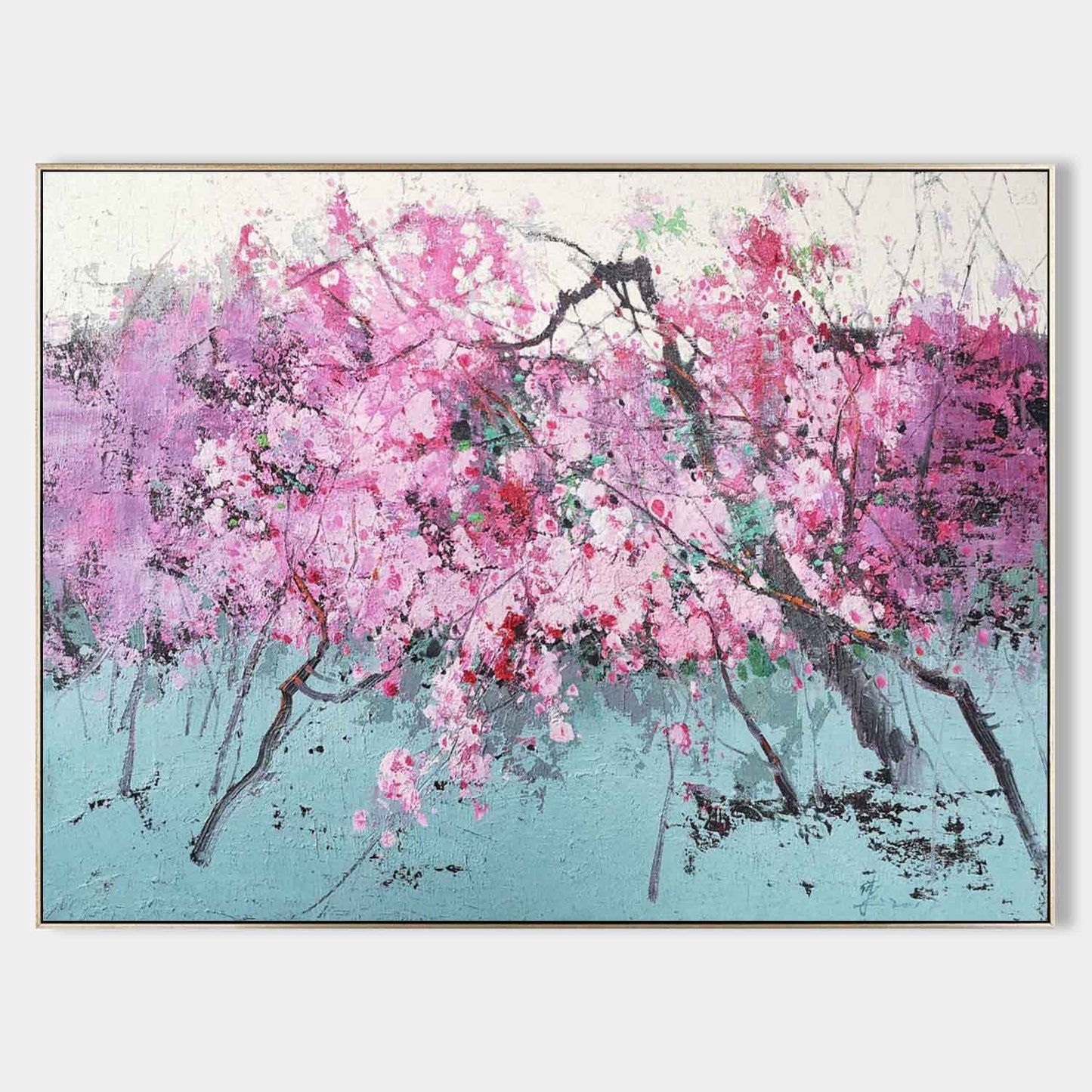 Vibrant Pink Blooms in Abstract Landscape - Stunning Oil Painting for Home Décor