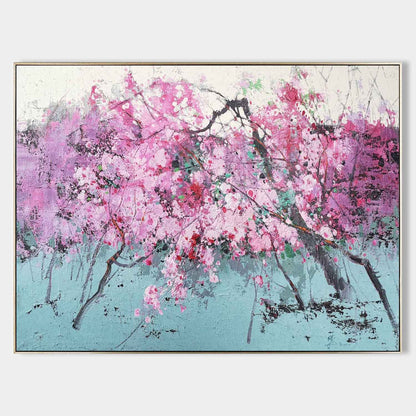 Vibrant Pink Blooms in Abstract Landscape - Stunning Oil Painting for Home Décor