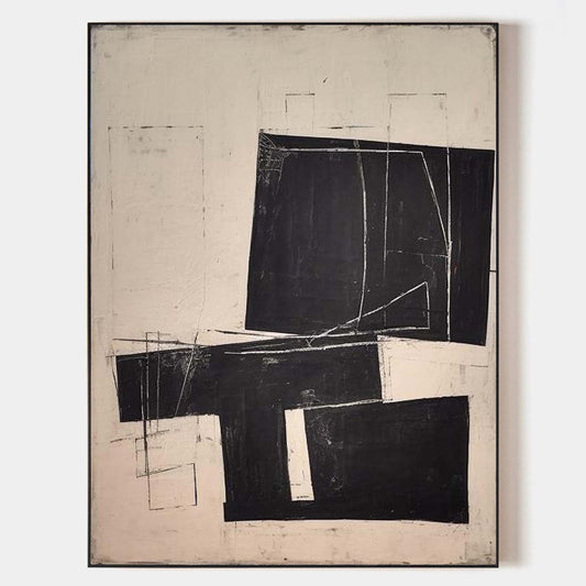 Contemporary Minimalist Black and White Abstract Oil Painting for Modern Homes