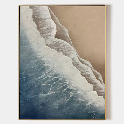 Coastal Serenity: Textured Ocean Waves and Sandy Shore Oil Painting