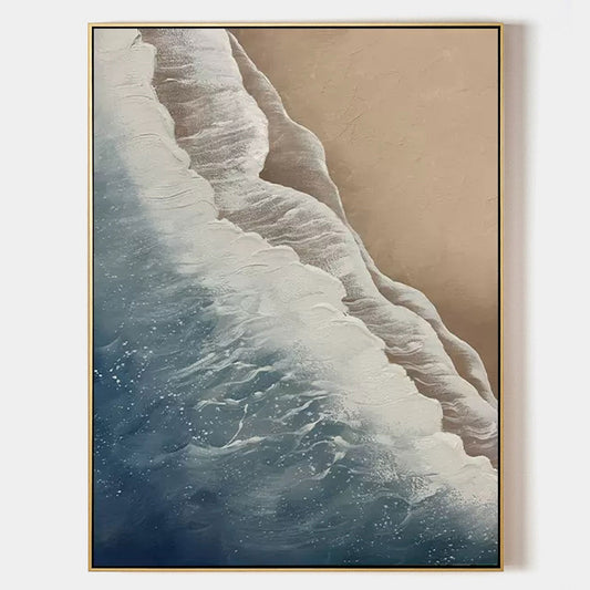 Coastal Serenity: Textured Ocean Waves and Sandy Shore Oil Painting