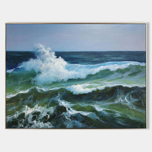 Vivid Ocean Waves: Hyperrealistic Oil Painting for Coastal Decor