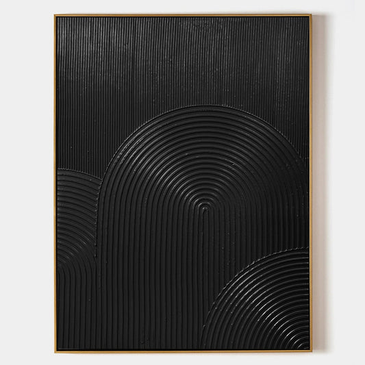 Sleek Black Minimalist Abstract Oil Painting with Textured Waves and Modern Design