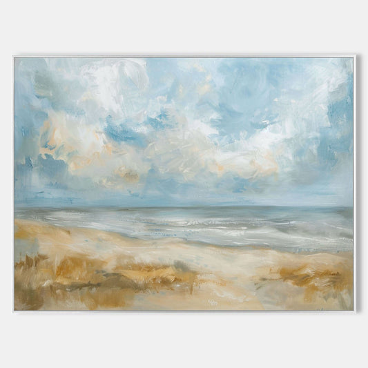 Serene Ocean View: Bright Beach Landscape Oil Painting for Coastal Vibe Decor