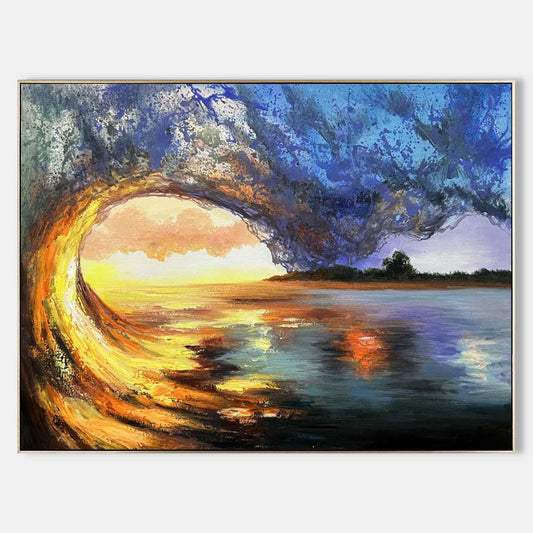 Stunning Hyperrealistic Wave Scene Oil Painting Capturing Ocean Sunset Beauty