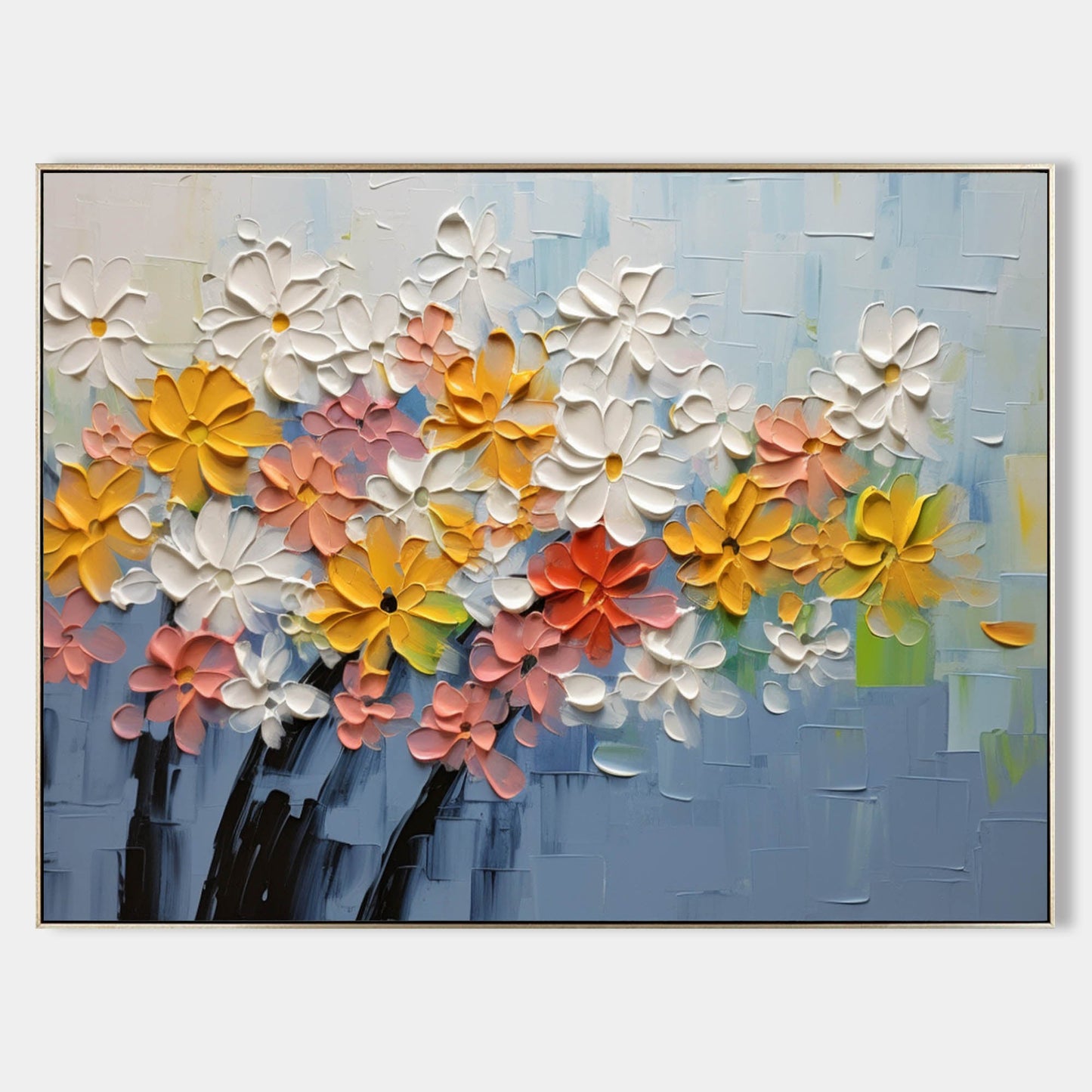 Vibrant Floral Oil Painting with Textured Blooms in Soft Pastels and Bright Hues
