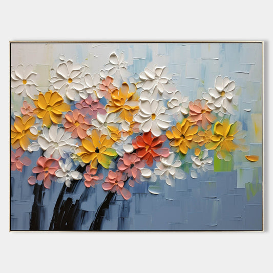 Vibrant Floral Oil Painting with Textured Blooms in Soft Pastels and Bright Hues