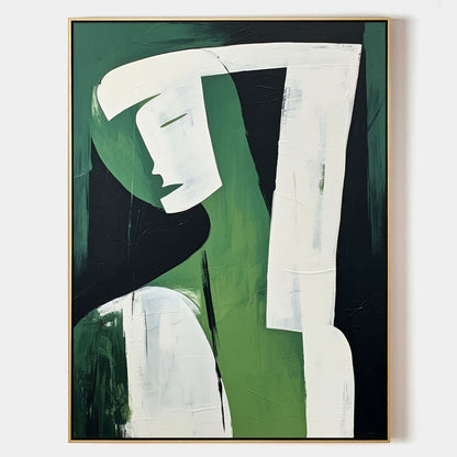 Abstract Green Figure Oil Painting - Modern Minimalist Wall Art for Contemporary Decor