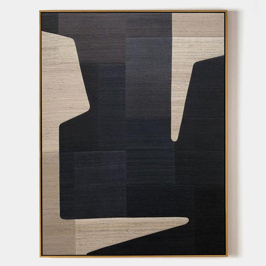 Contemporary Geometric Oil Painting in Bold Black and Neutral Tones for Modern Decor