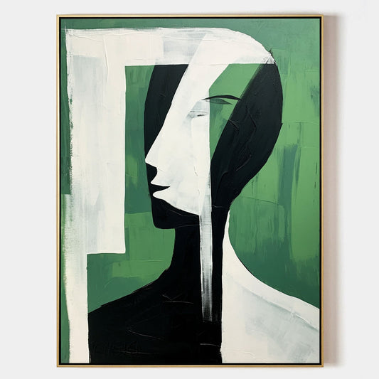 Abstract Green Face Oil Painting - Modern Minimalist Wall Art for Contemporary Spaces