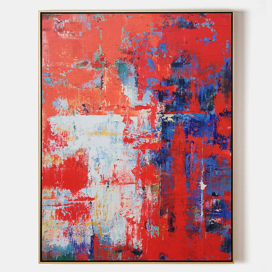 Vibrant Red Abstract Oil Painting with Bold Blue Accents for Modern Home Decor