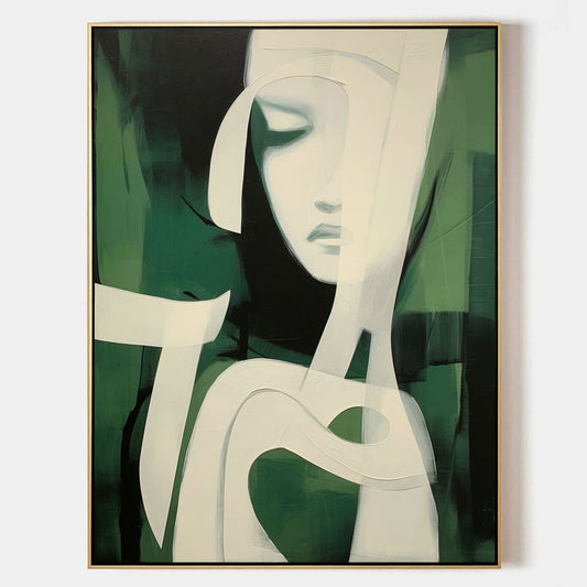 Serene Green Minimalist Oil Painting of Abstract Feminine Form