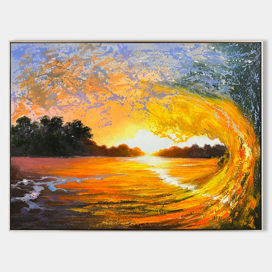 Vibrant Sunset Waves Oil Painting - Beautiful Coastal Wall Art