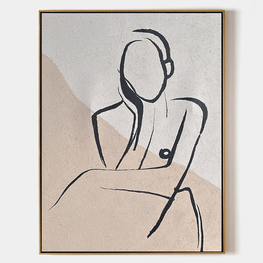 Elegant Beige Abstract Oil Painting with Minimalist Figure Art for Modern Home Decor