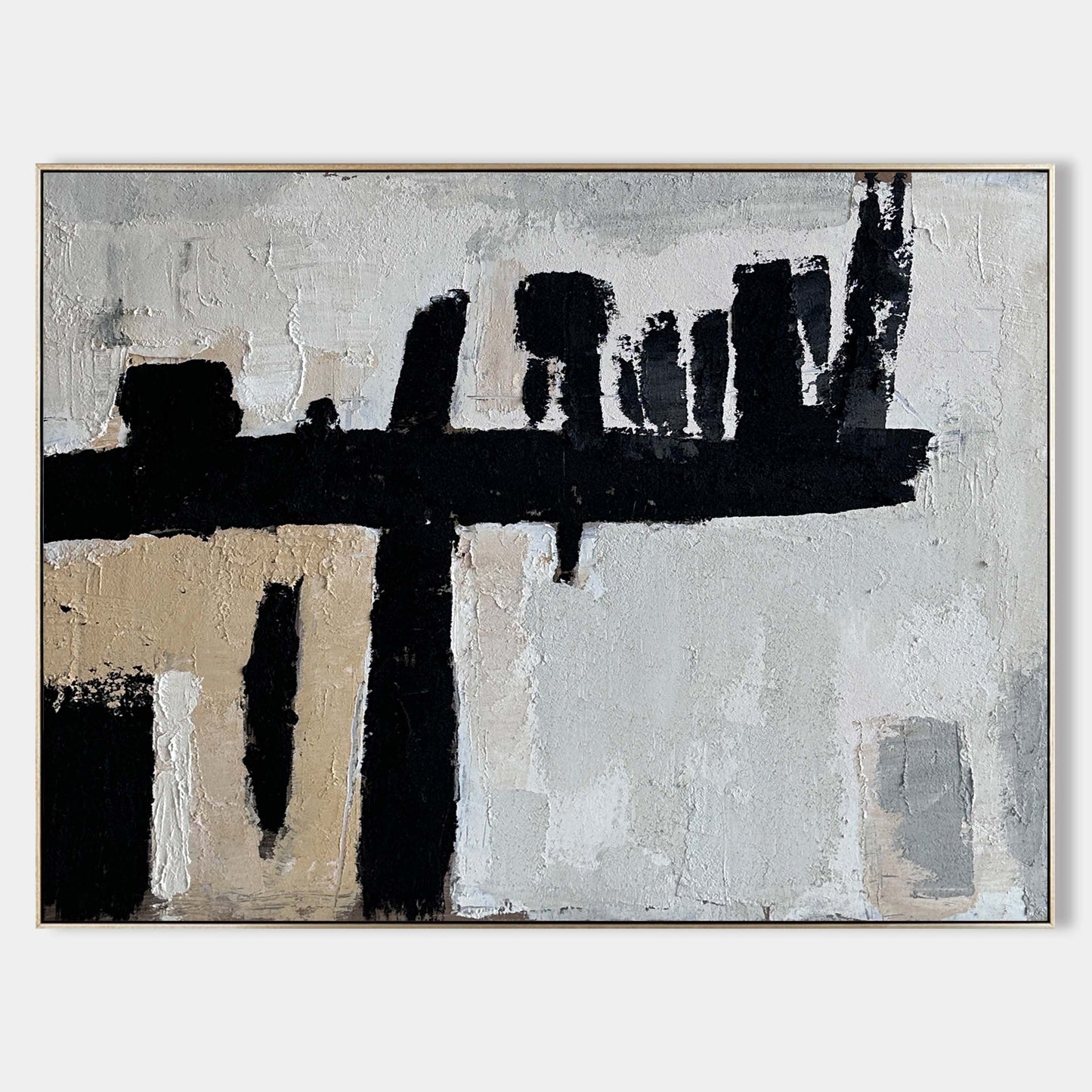 Abstract Wabi-Sabi Oil Painting in Black, White, and Beige for Modern Decor