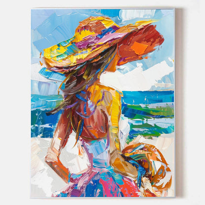 Vibrant Coastal Woman in Hat | Colorful Abstract Oil Painting for Modern Decor