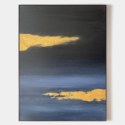 Contemporary Gold and Blue Abstract Oil Painting for Modern Home Decor