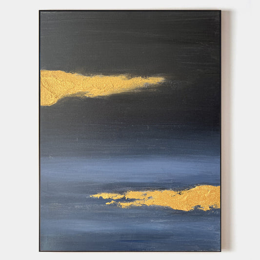 Contemporary Gold and Blue Abstract Oil Painting for Modern Home Decor