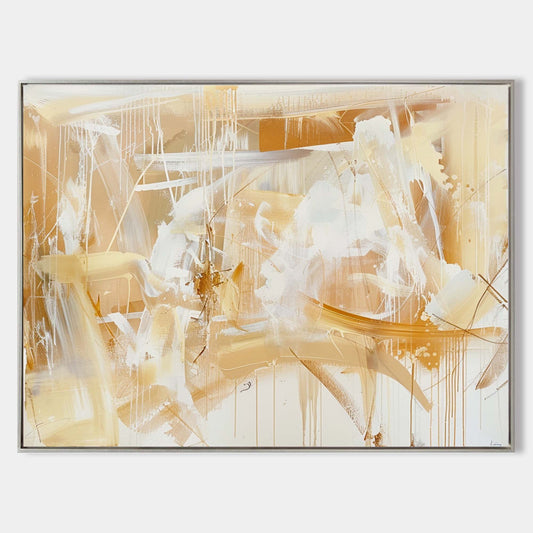 Contemporary Gold and White Abstract Oil Painting for Modern Home Decor