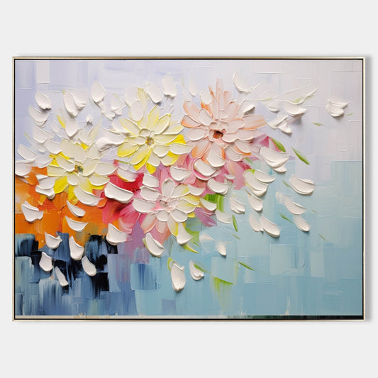 Vibrant Floral Oil Painting with Textured Petals and Colorful Background