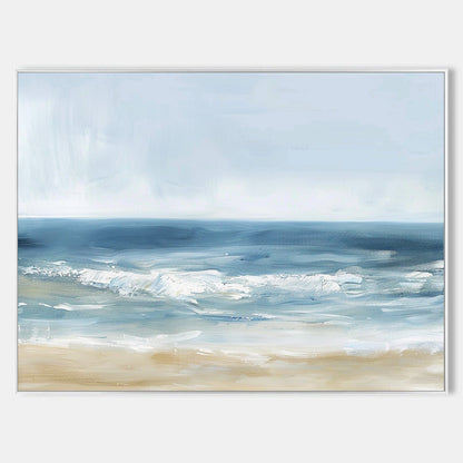 Serene Coastal Oil Painting with Gentle Waves and Soft Sand Shoreline
