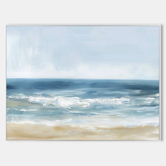 Serene Coastal Oil Painting with Gentle Waves and Soft Sand Shoreline